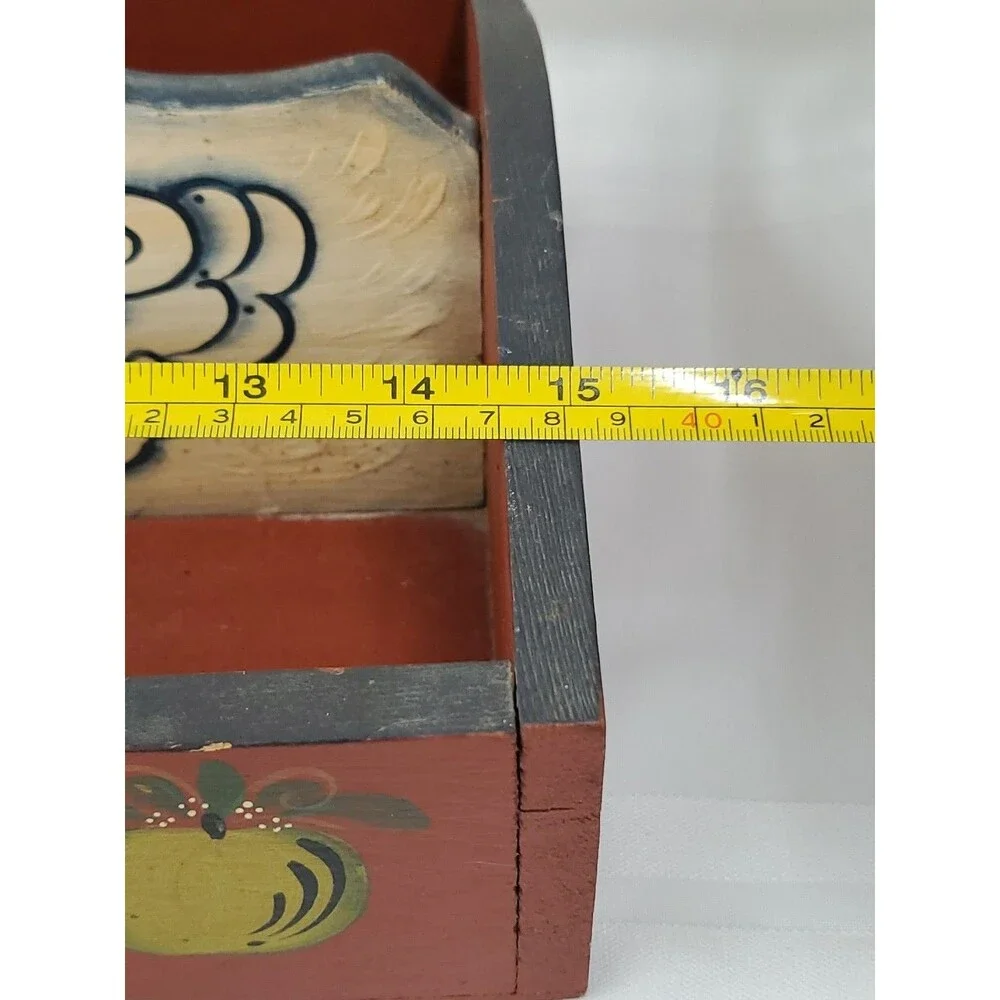 Vntg. Wood Basket Kissing Ducks/Divided/Hand Painted/Hearts/Fruit/GrandmaCore/80